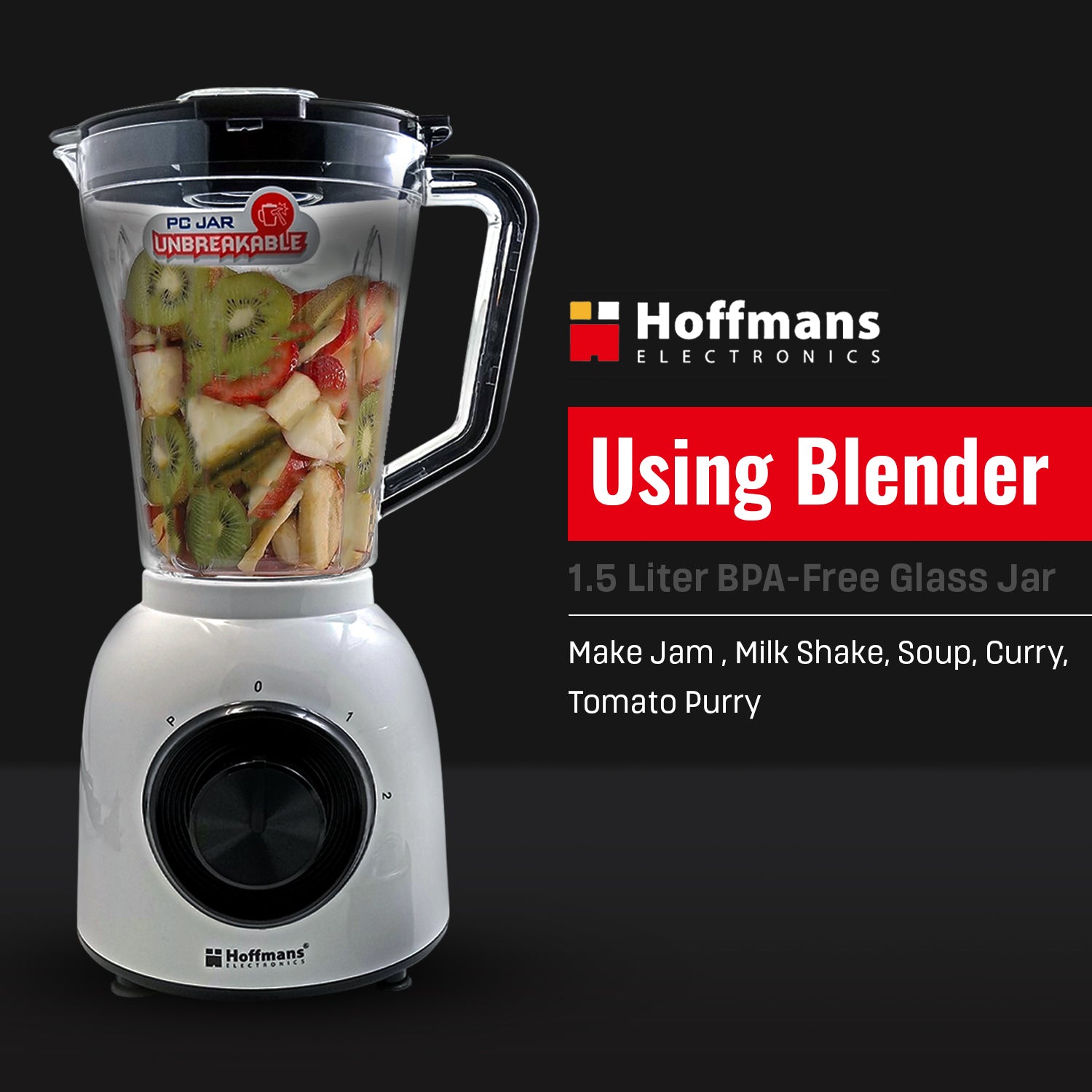 Hoffmans 2-in-1 Blender 800W Power, 2 Speed Regulation , 4 Stainless Steel Blades